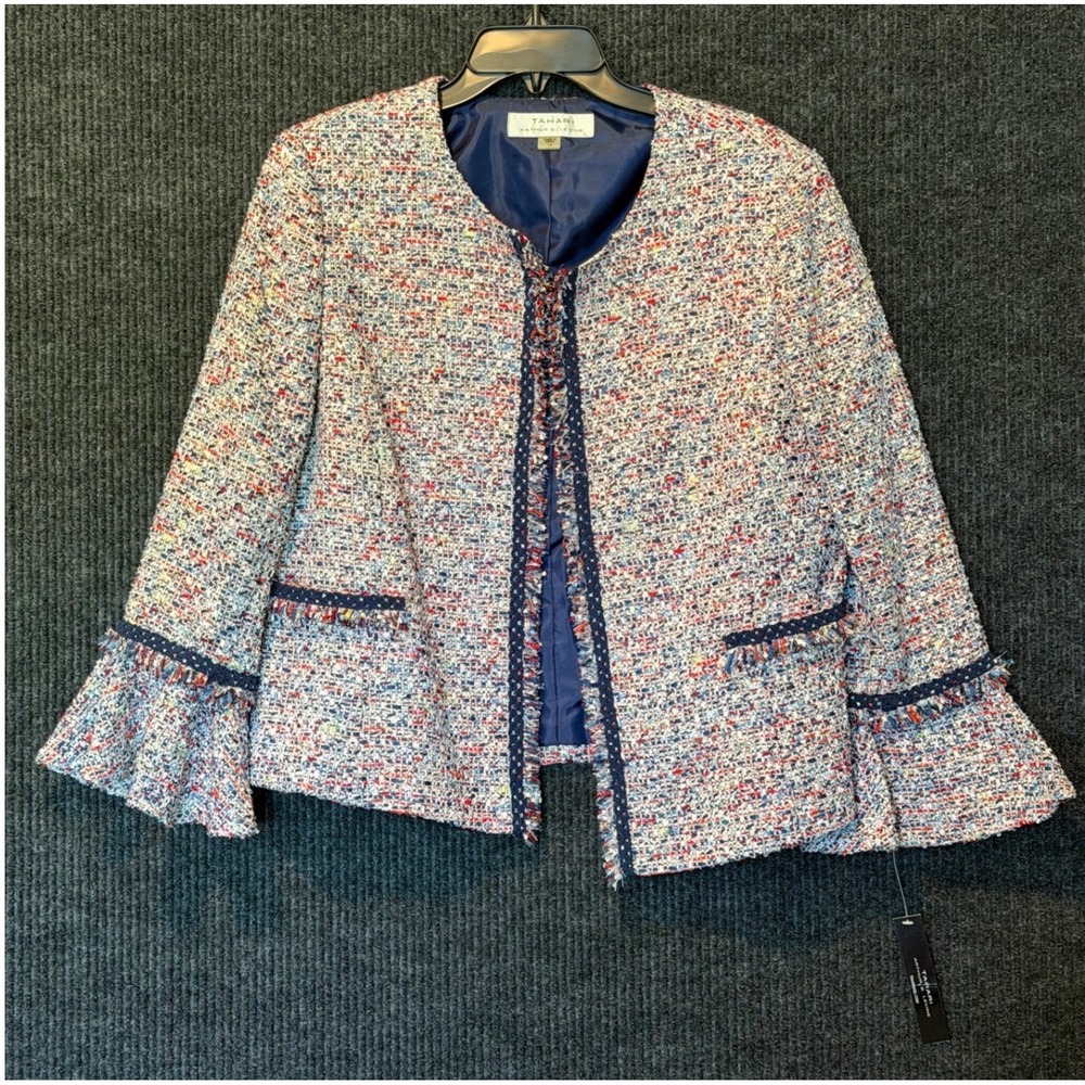 Tahari Arthur S Levine Womens 14 Tweed Bell Sleeve Open Front Jacket Multi Color